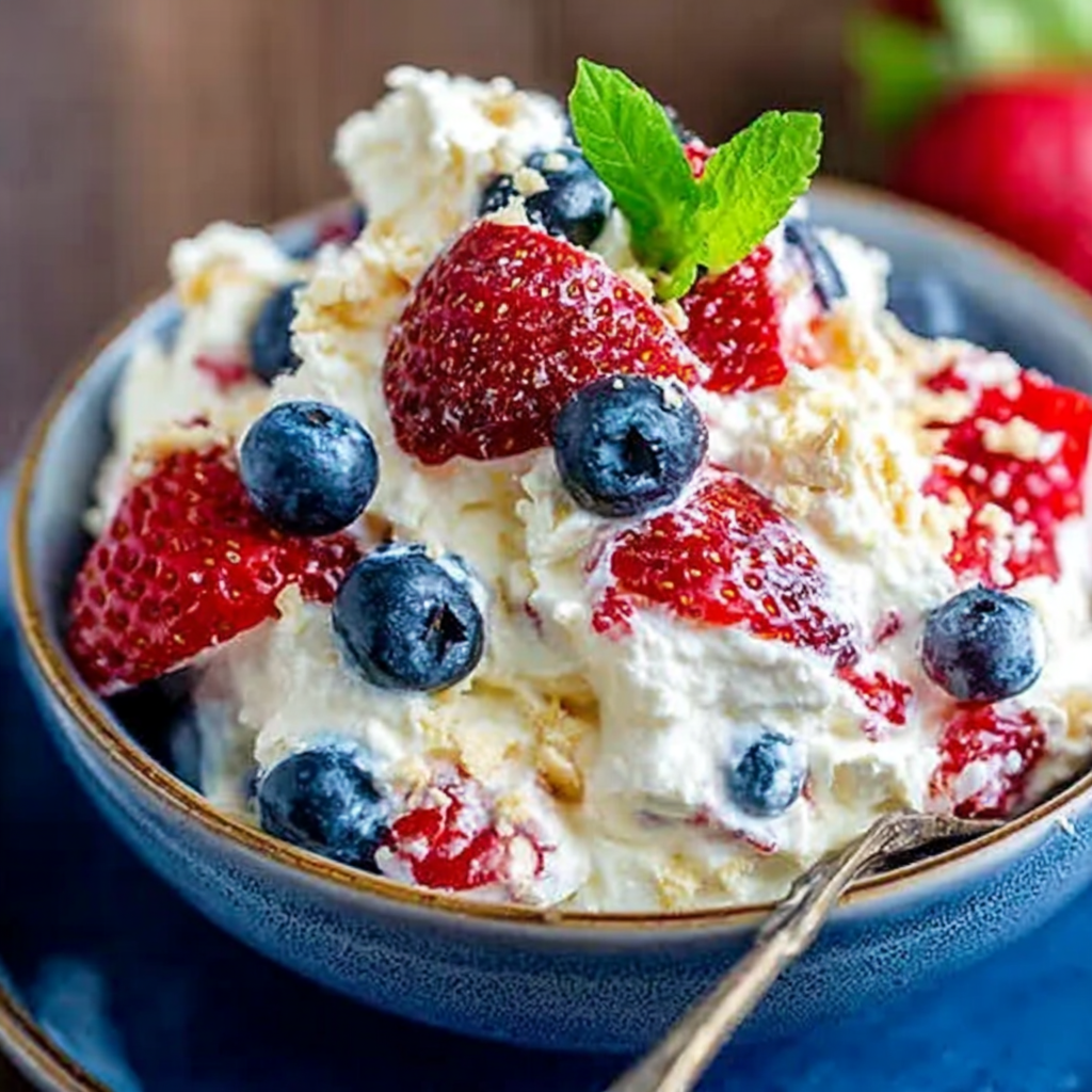 Red, White, and Blue Cheesecake Salad Recipe Delight