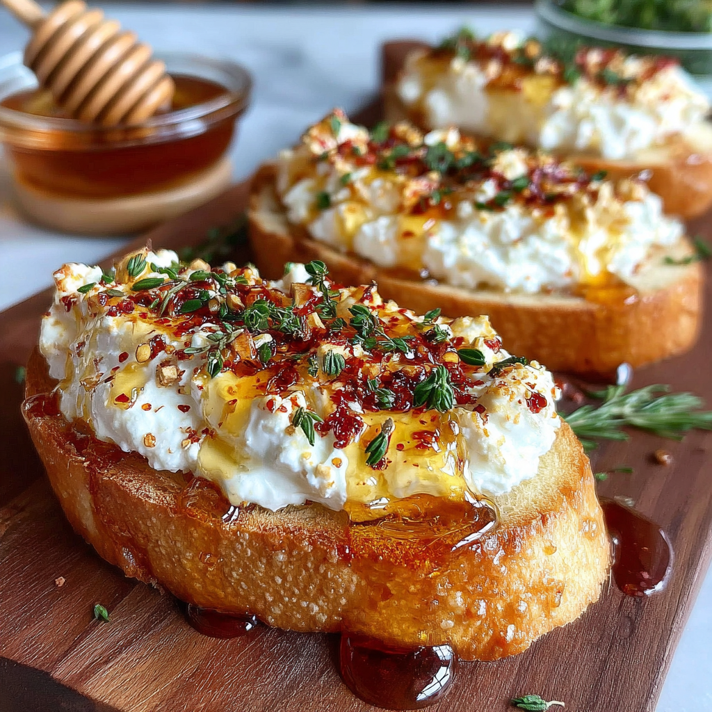 Sweet and Spicy Whipped Feta Crostini with Hot Honey
