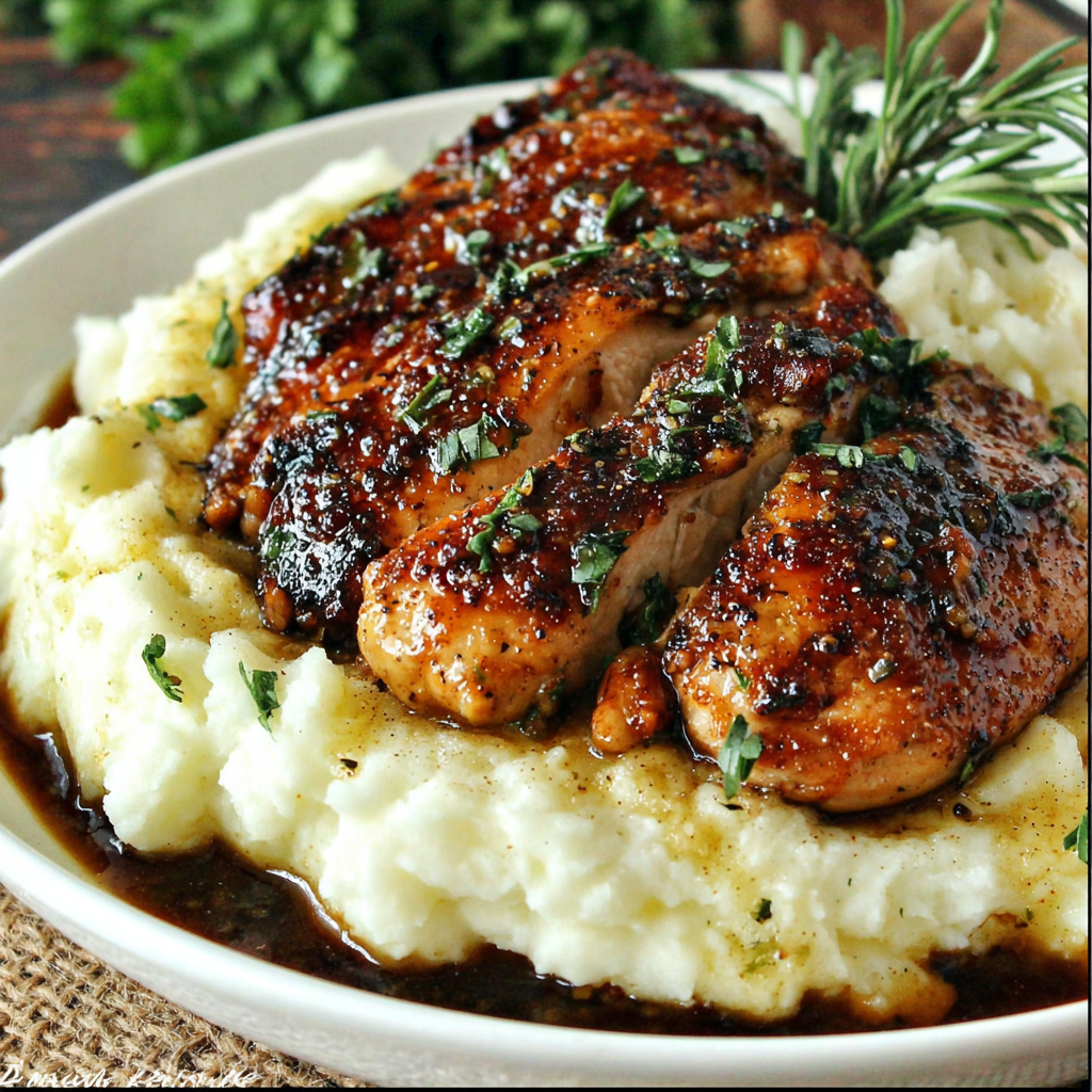 Garlic Herb Glazed Chicken on Creamy Mashed Potatoes
