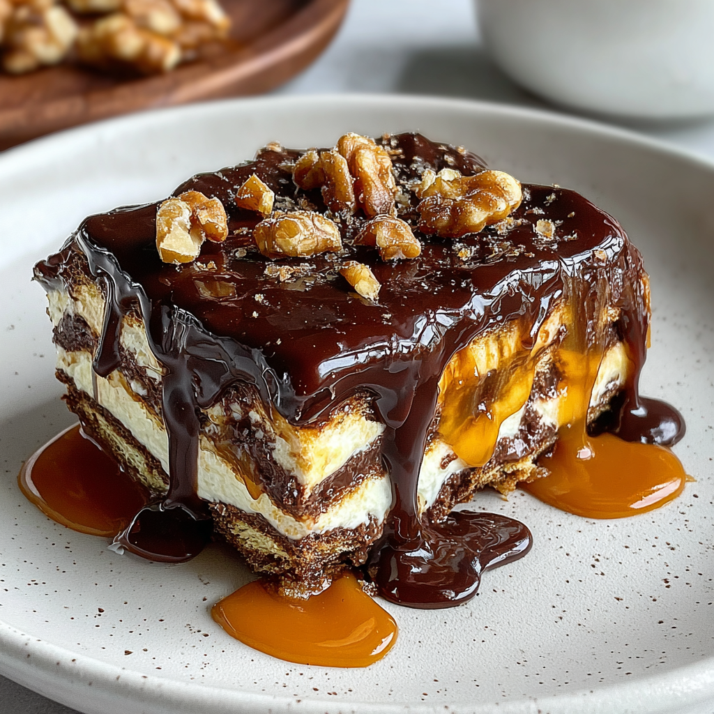 Indulgent Chocolate and Caramel Lasagna with Walnuts