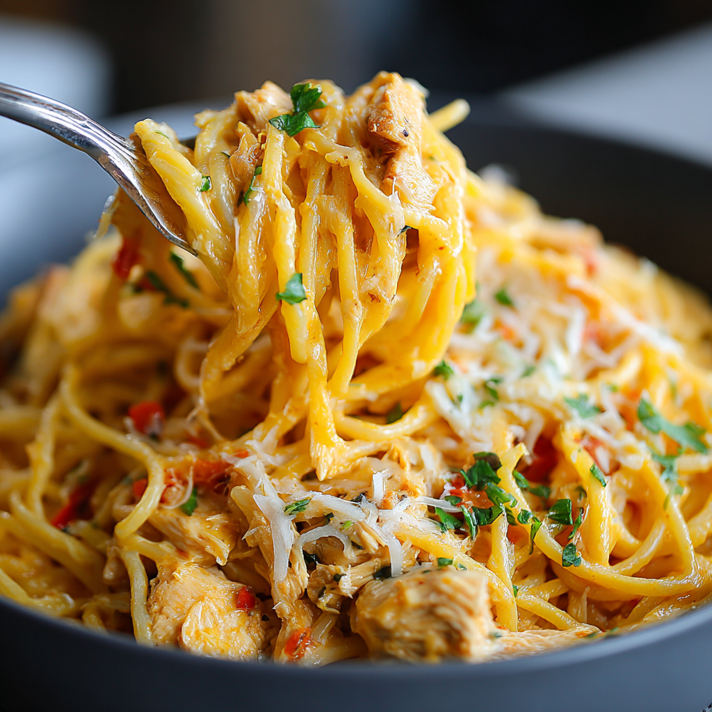 Creamy Crockpot Cheesy Chicken Spaghetti Delight