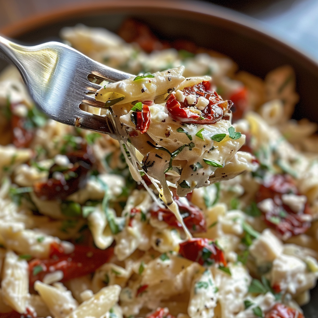 fresh ingredients for Creamy Feta And Sun-Dried Tomato Mediterranean Pasta Salad With Orzo