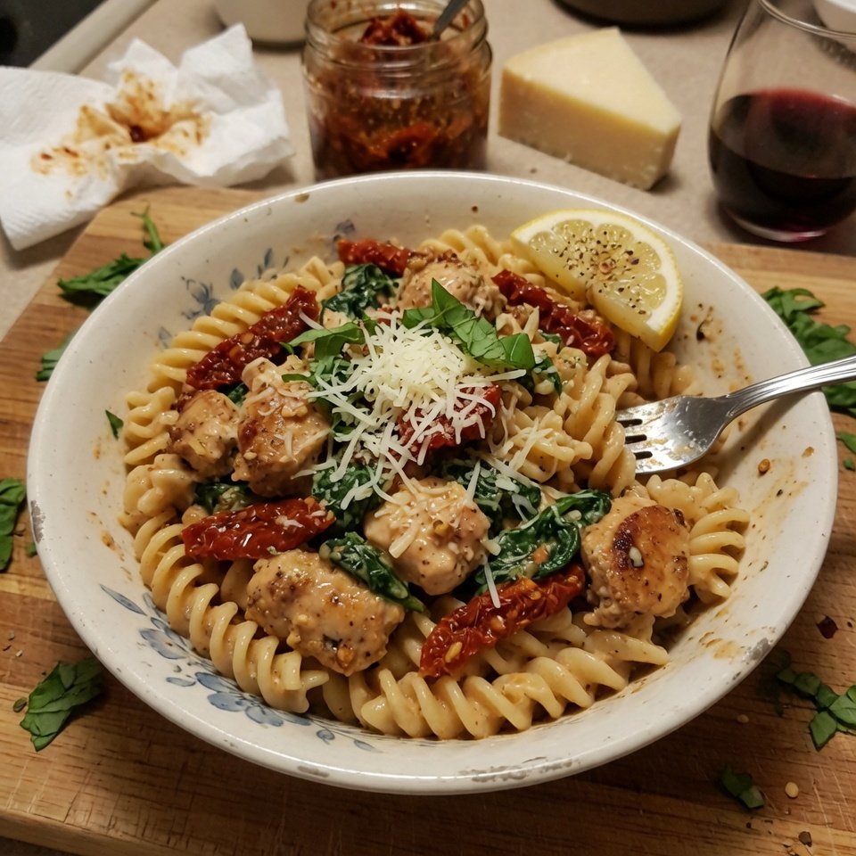 how to make Creamy Mediterranean Chicken Pasta With Sun-Dried Tomatoes & Spinach step by step