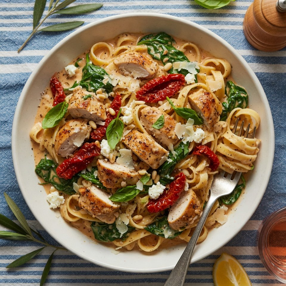 fresh ingredients for Creamy Mediterranean Chicken Pasta With Sun-Dried Tomatoes & Spinach