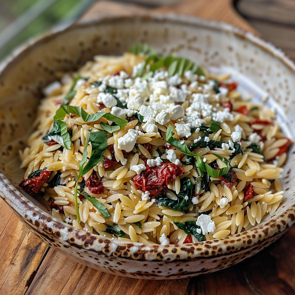 how to make Creamy Mediterranean Sun-Dried Tomato & Spinach Orzo Pasta With Feta For A Quick Weeknight Dinner step by step