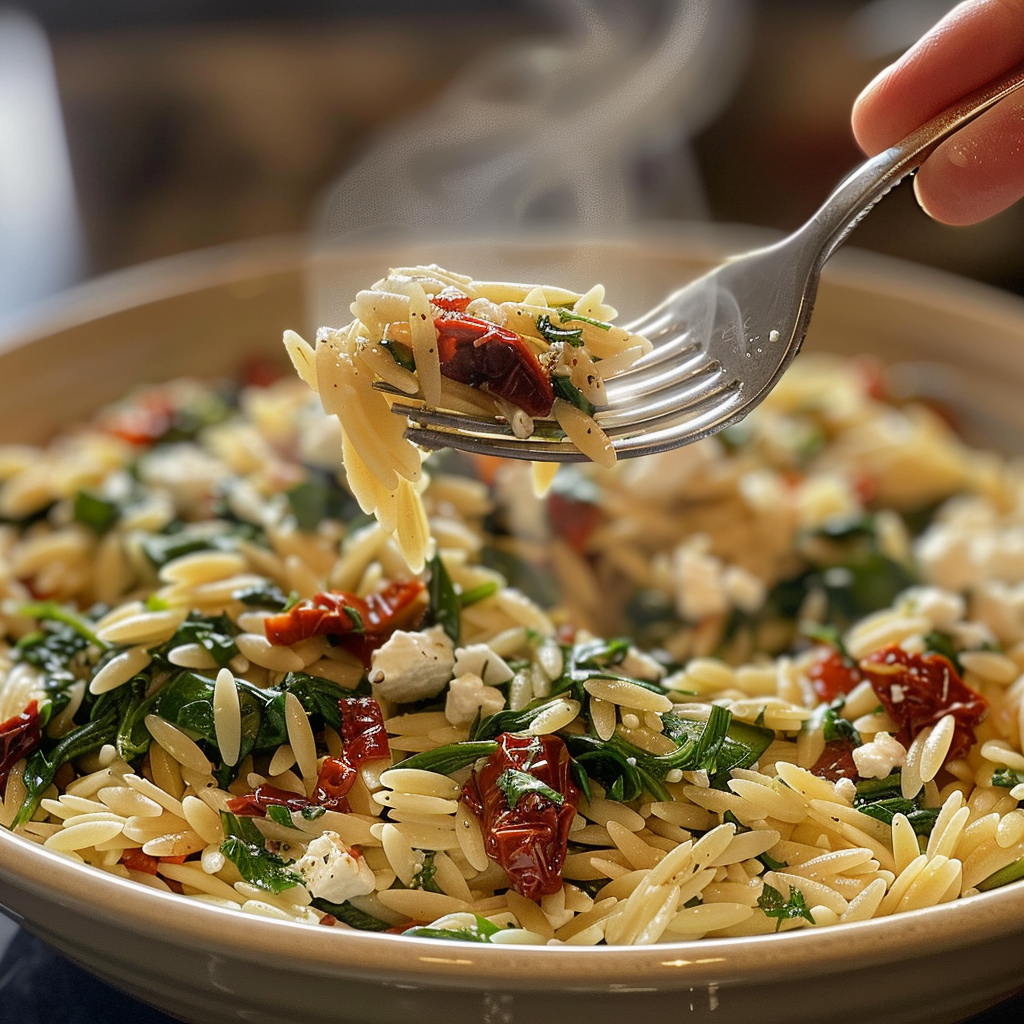 fresh ingredients for Creamy Mediterranean Sun-Dried Tomato & Spinach Orzo Pasta With Feta For A Quick Weeknight Dinner