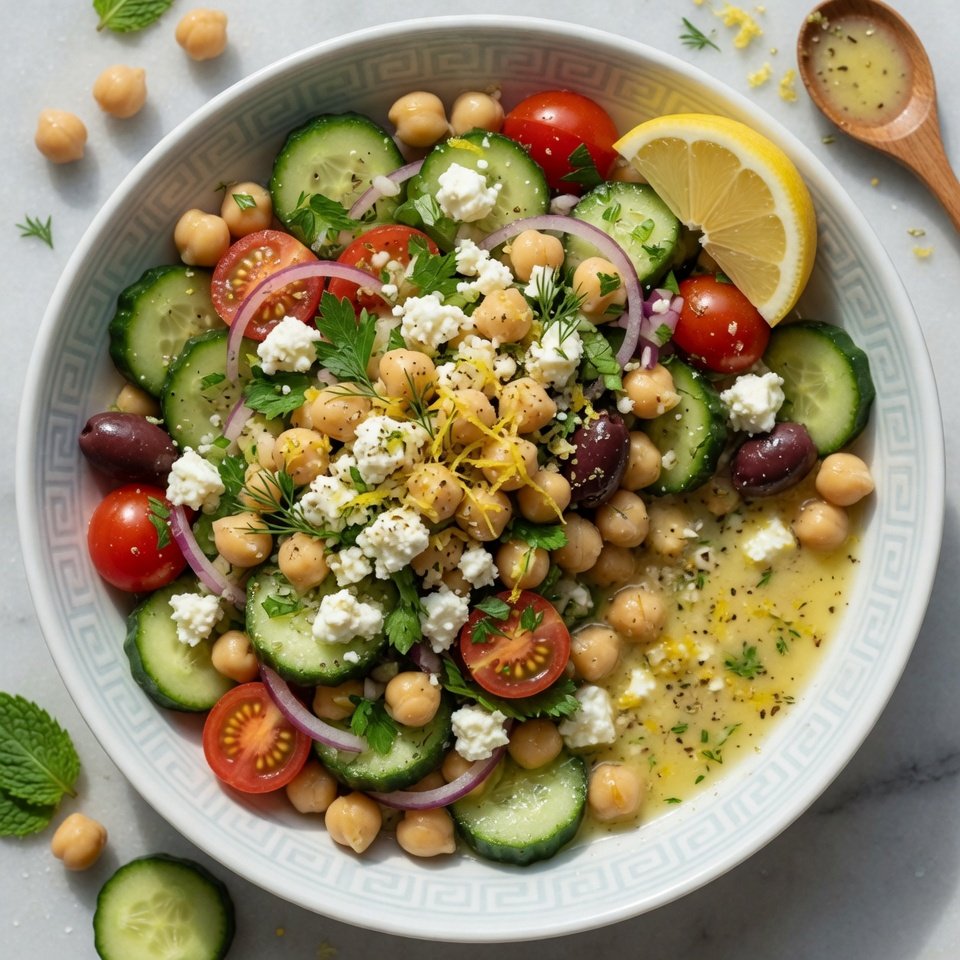 how to make Fresh Mediterranean Chickpea Salad With Feta, Cucumber & Lemon Dressing step by step