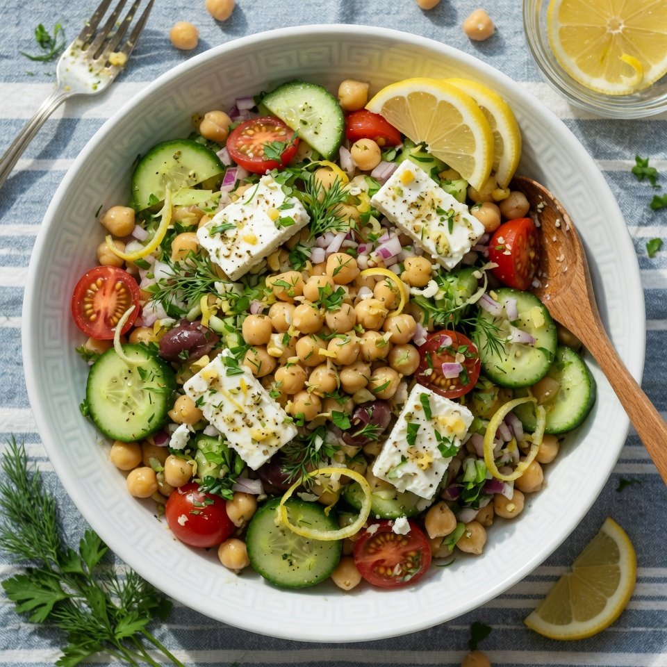 fresh ingredients for Fresh Mediterranean Chickpea Salad With Feta, Cucumber & Lemon Dressing