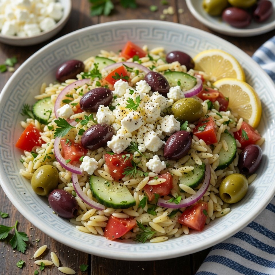 how to make Greek Orzo Pasta Salad With Feta & Olives step by step