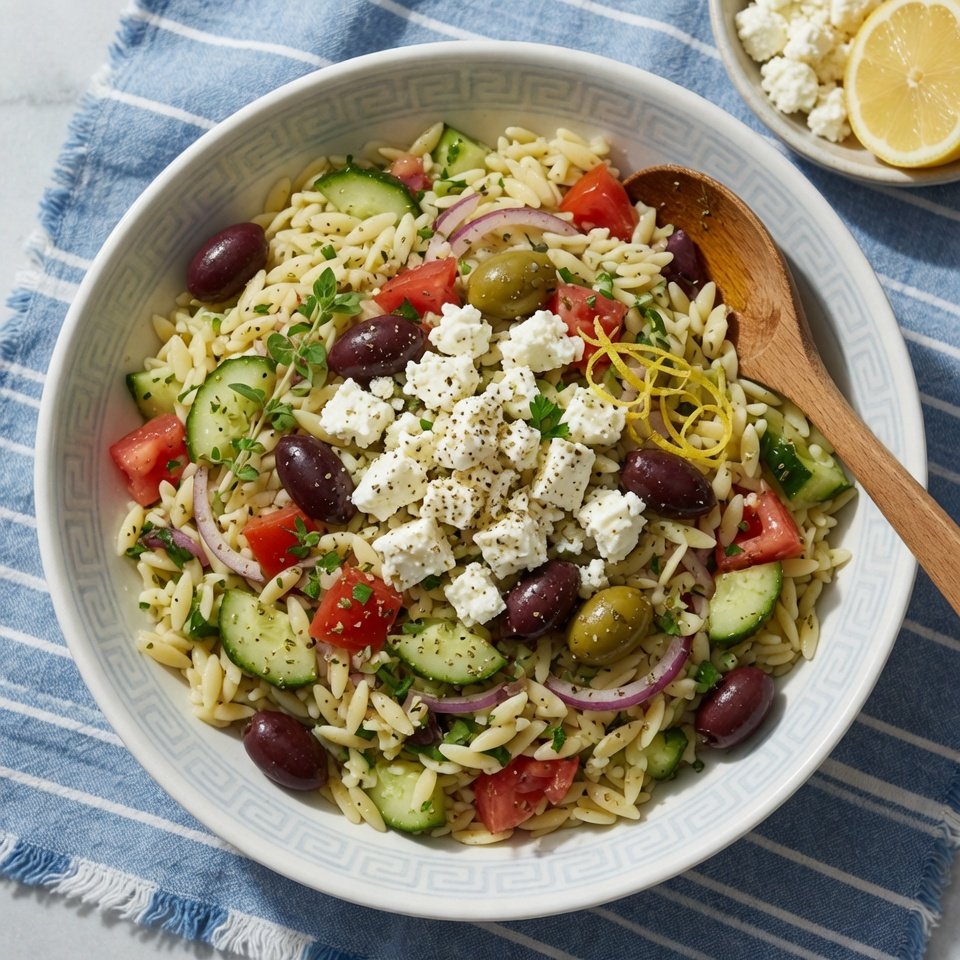 fresh ingredients for Greek Orzo Pasta Salad With Feta & Olives
