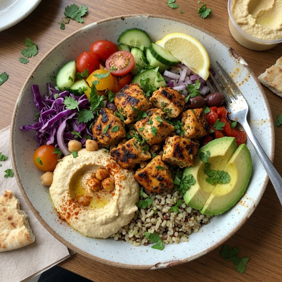 how to make Grilled Mediterranean Chicken Bowl With Hummus, Avocado & Fresh Veggies step by step