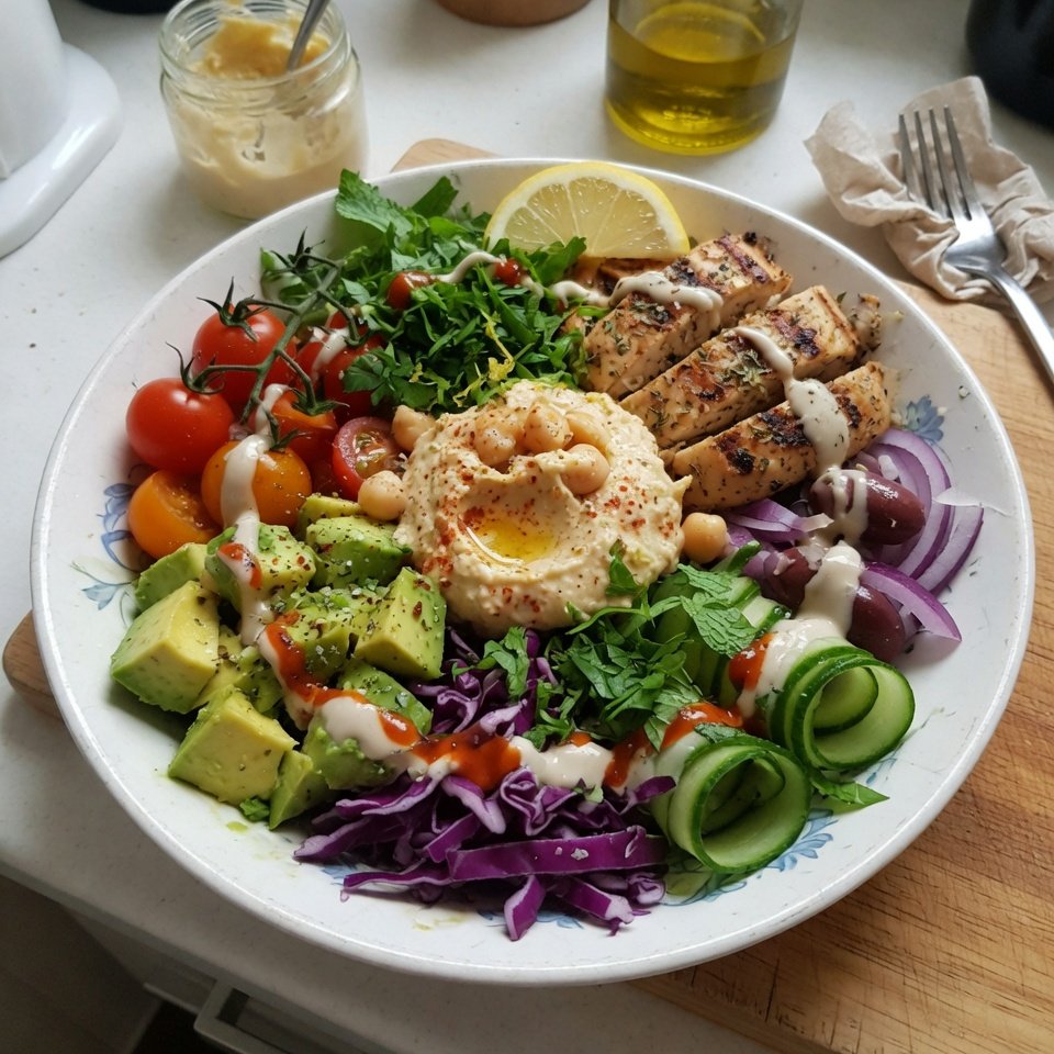 fresh ingredients for Grilled Mediterranean Chicken Bowl With Hummus, Avocado & Fresh Veggies