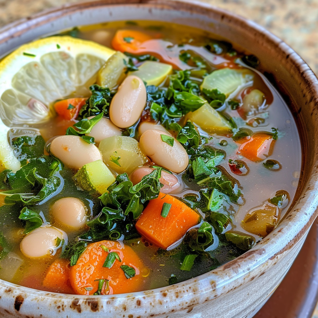 fresh ingredients for Gut-Healthy Mediterranean White Bean & Vegetable Soup With Kale And Lemon For Immune Support