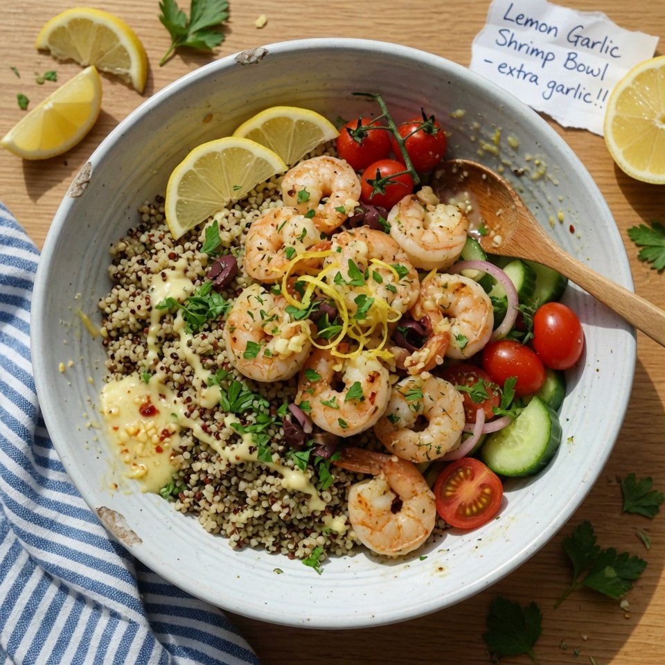 fresh ingredients for Healthy Mediterranean Lemon Garlic Shrimp Bowl With Quinoa