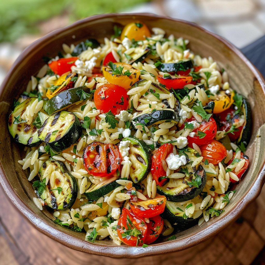 how to make Hearty Mediterranean Orzo Pasta Salad With Grilled Vegetables And Feta For Meal Prep step by step