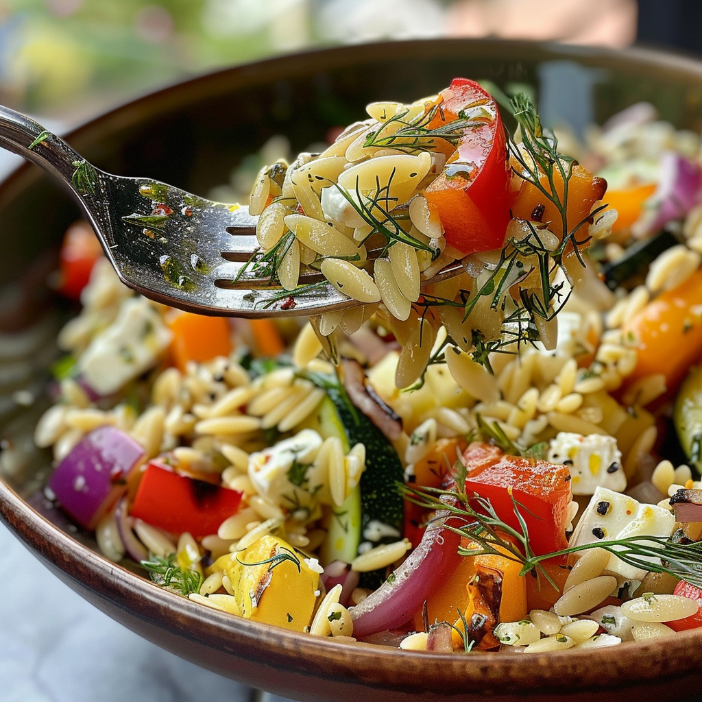 fresh ingredients for Hearty Mediterranean Orzo Pasta Salad With Grilled Vegetables And Feta For Meal Prep
