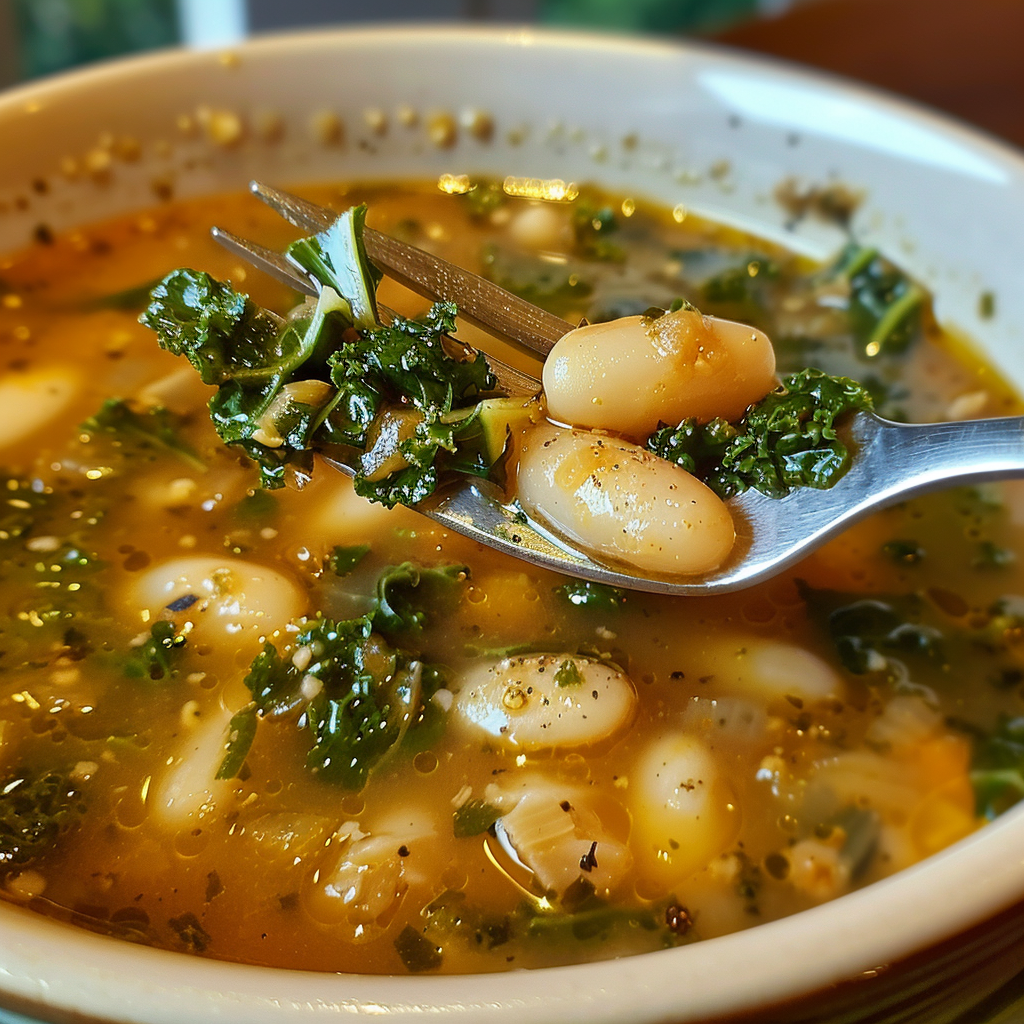 fresh ingredients for Hearty Tuscan White Bean And Kale Soup With Mediterranean Spices