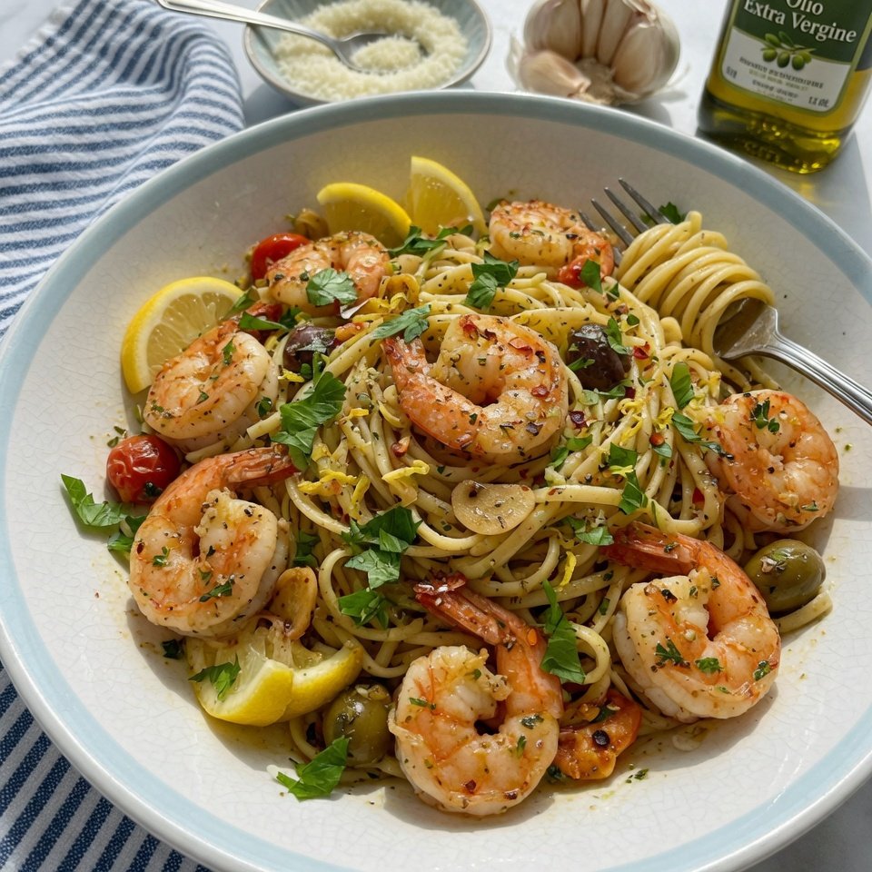 fresh ingredients for Mediterranean Garlic Shrimp Pasta