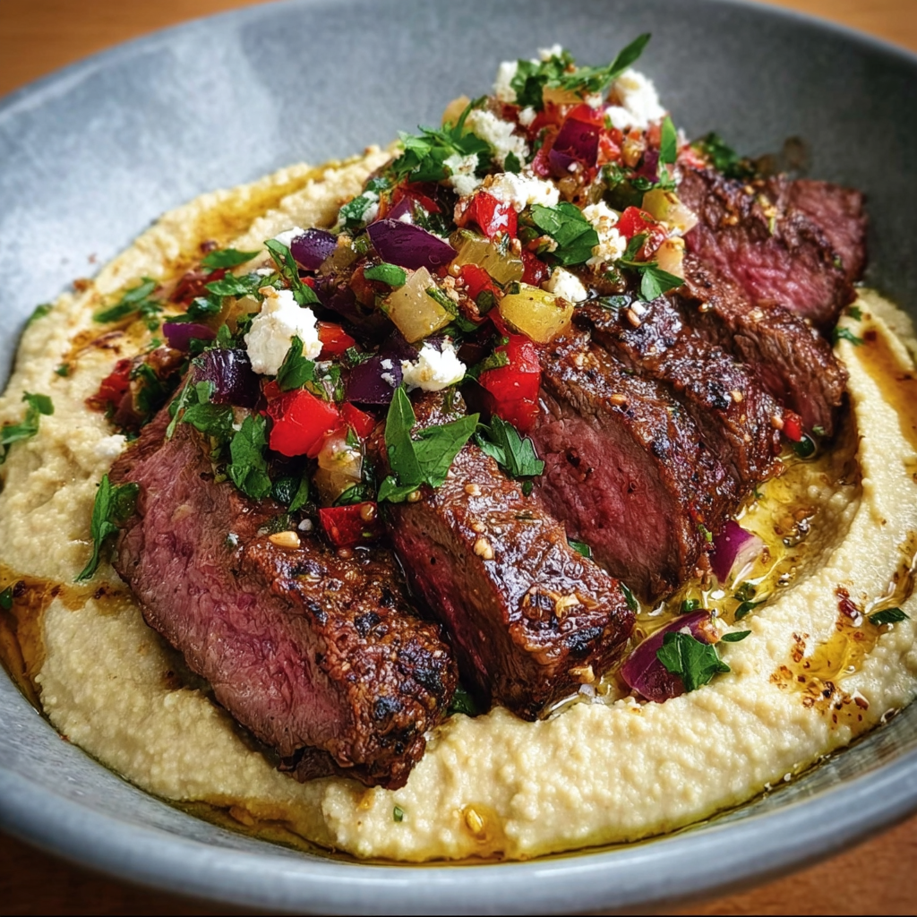 a serving of Mediterranean Steak And Hummus Bowl Recipe