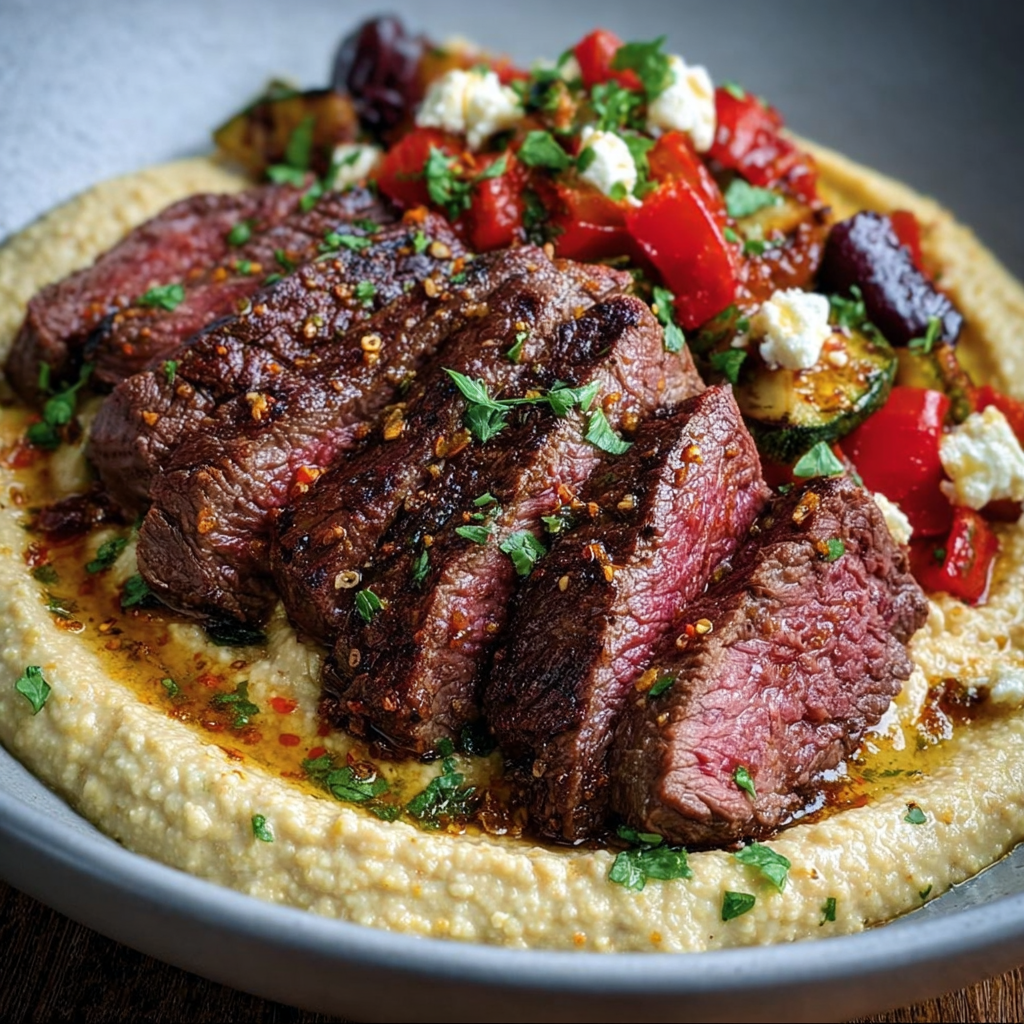 fresh ingredients for Mediterranean Steak And Hummus Bowl Recipe