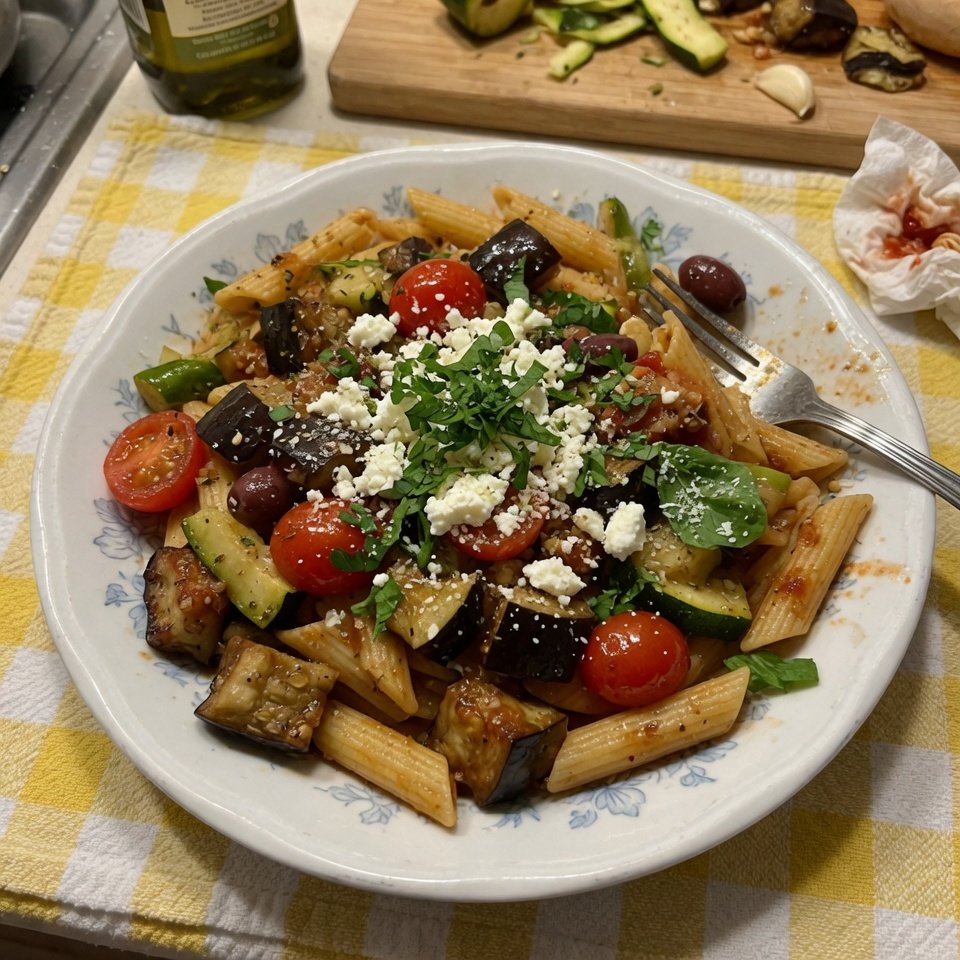 fresh ingredients for Mediterranean Veggie Pasta With Zucchini And Eggplant