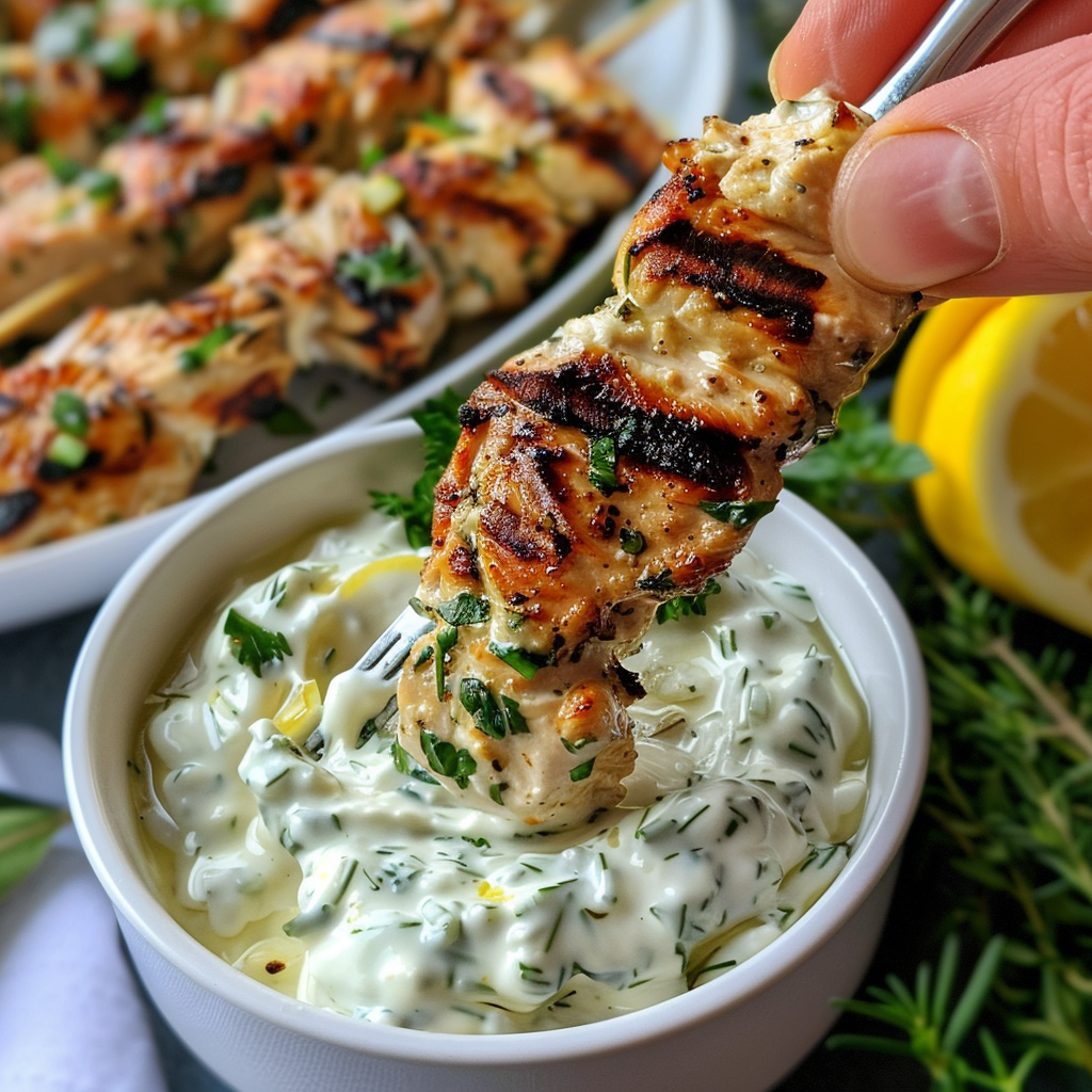fresh ingredients for Easy 30-Minute Mediterranean Lemon Herb Chicken Skewers With Tzatziki Sauce For Grilling