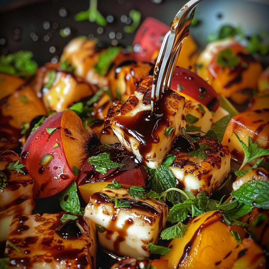 fresh ingredients for Refreshing Mediterranean Grilled Peach & Halloumi Salad With Mint And Balsamic Glaze