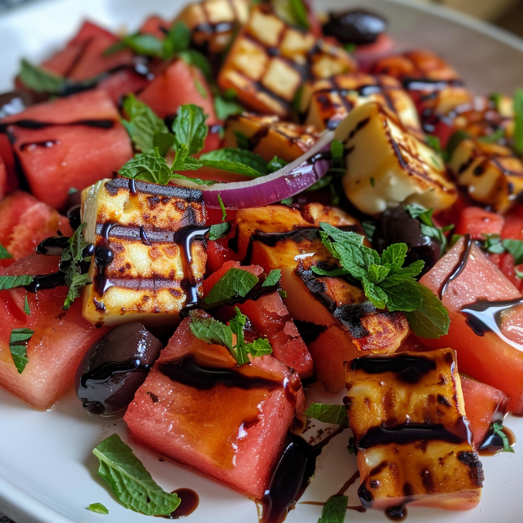 how to make Refreshing Mediterranean Watermelon & Halloumi Salad With Mint And Balsamic Glaze step by step