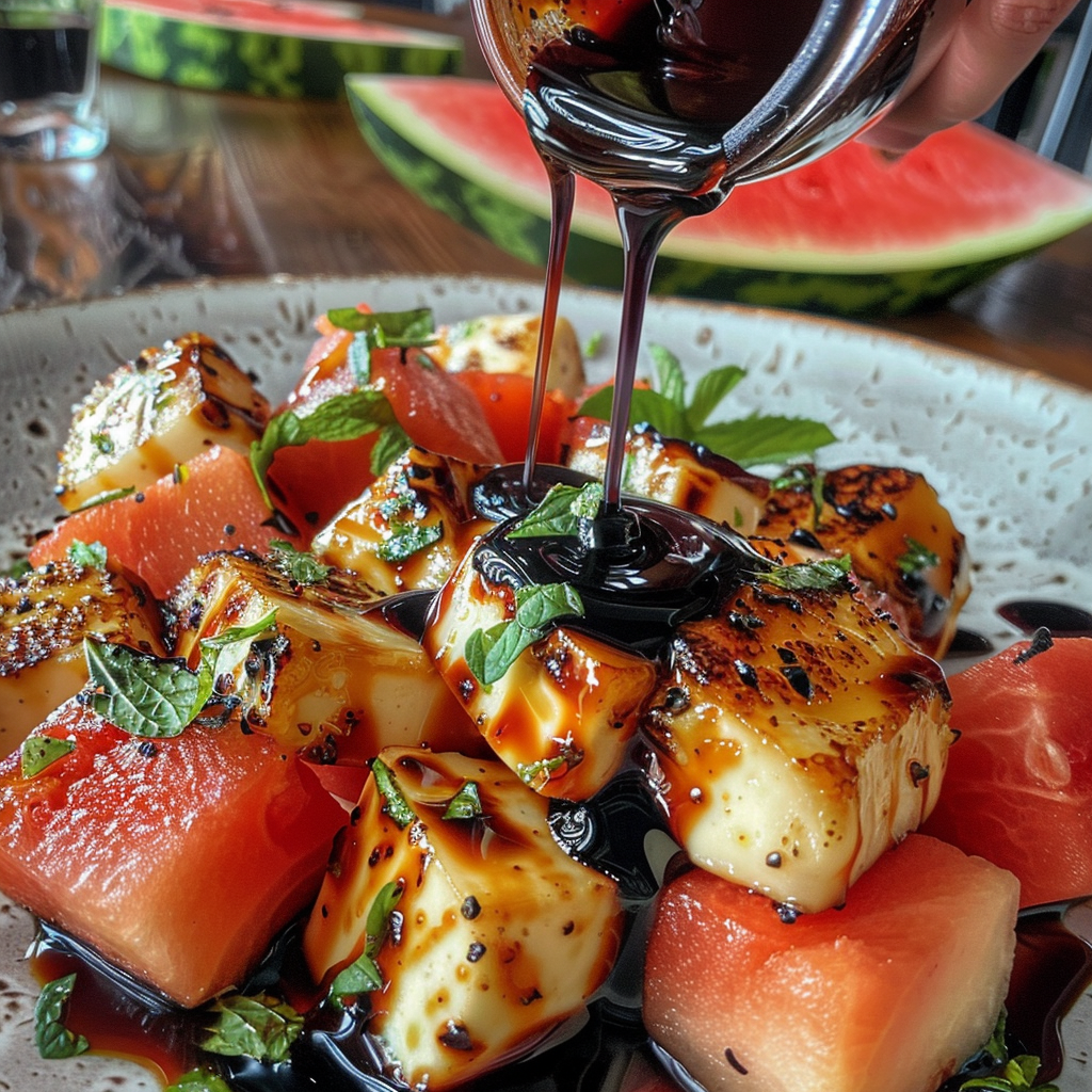 fresh ingredients for Refreshing Mediterranean Watermelon & Halloumi Salad With Mint And Balsamic Glaze