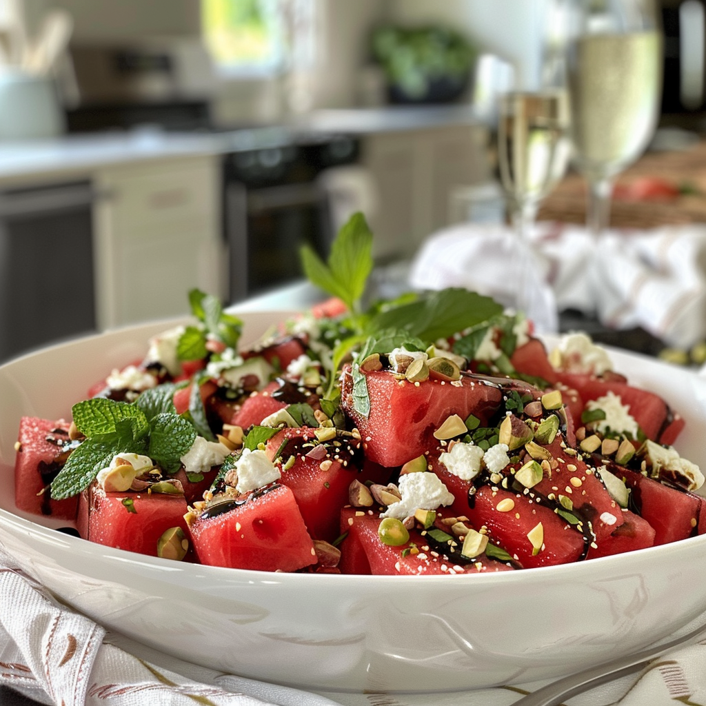 how to make Refreshing Watermelon Feta Mint Salad With Balsamic Glaze And Pistachios step by step
