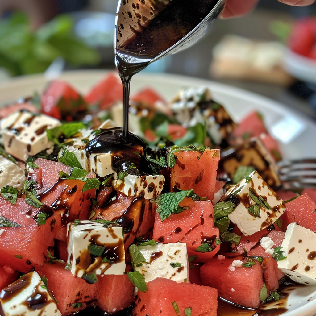 fresh ingredients for Refreshing Watermelon Feta Mint Salad With Balsamic Glaze And Pistachios