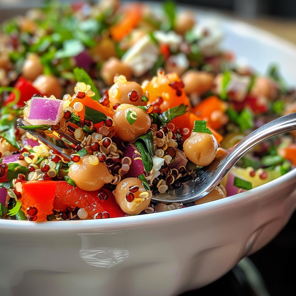 how to make Vibrant Mediterranean Quinoa Salad With Roasted Red Peppers, Chickpeas & Tangy Feta Dressing step by step