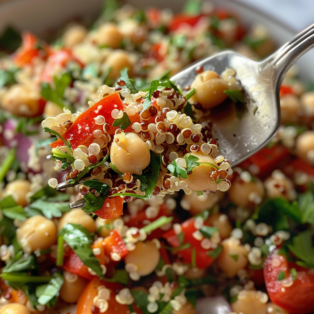 fresh ingredients for Vibrant Mediterranean Quinoa Salad With Roasted Red Peppers, Chickpeas & Tangy Feta Dressing