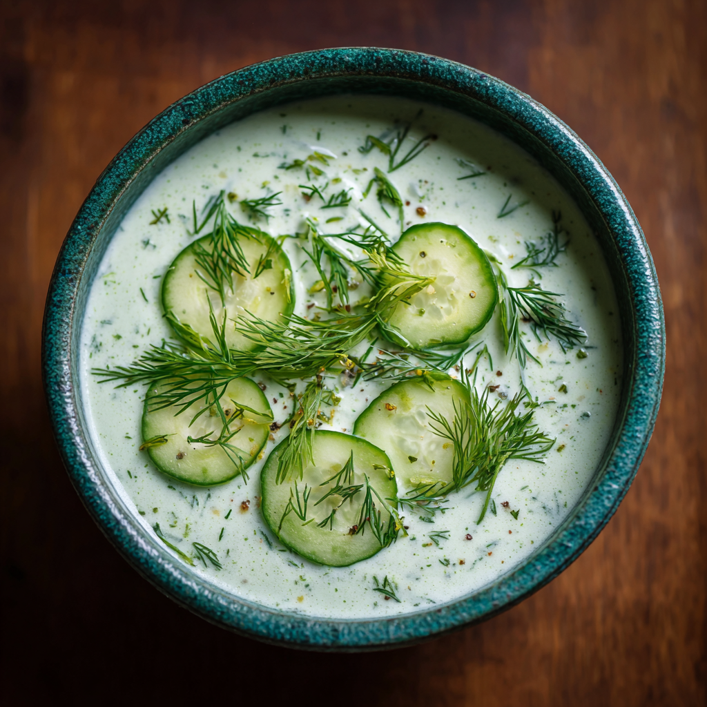 fresh ingredients for Chilled Cucumber And Yogurt Soup With Fresh Dill — The Coolest Summer Lunch Ever