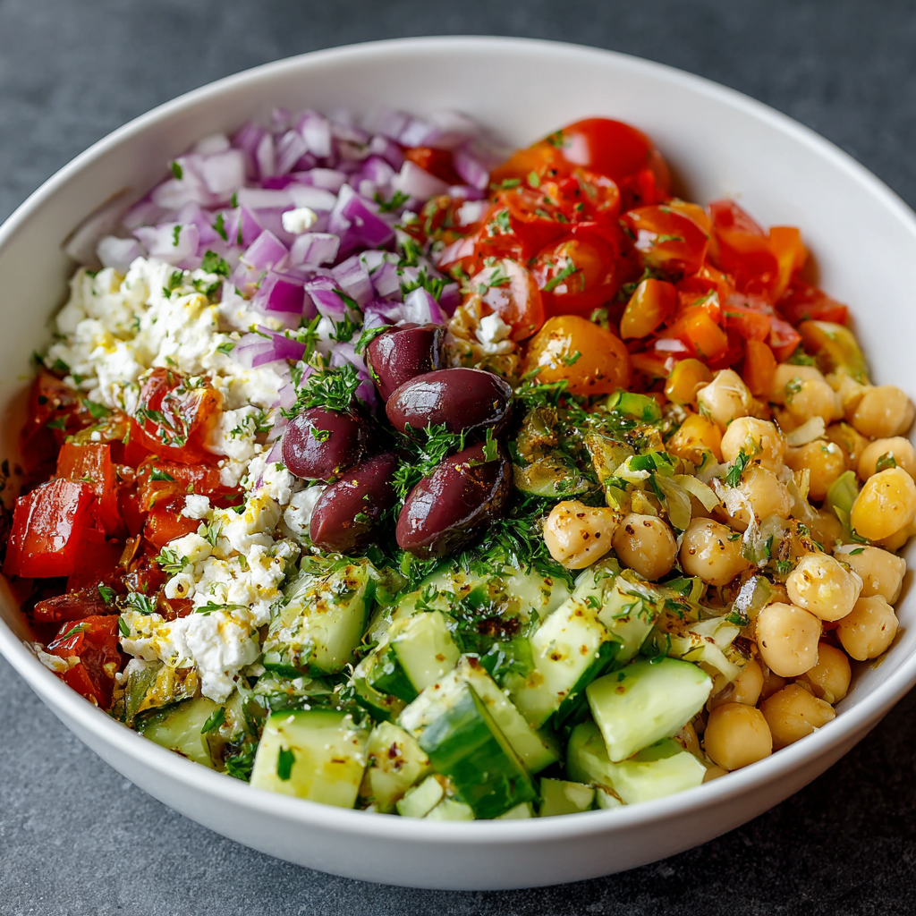 fresh ingredients for This Chopped Mediterranean Salad Is So Good I Eat It Almost Every Day For Lunch
