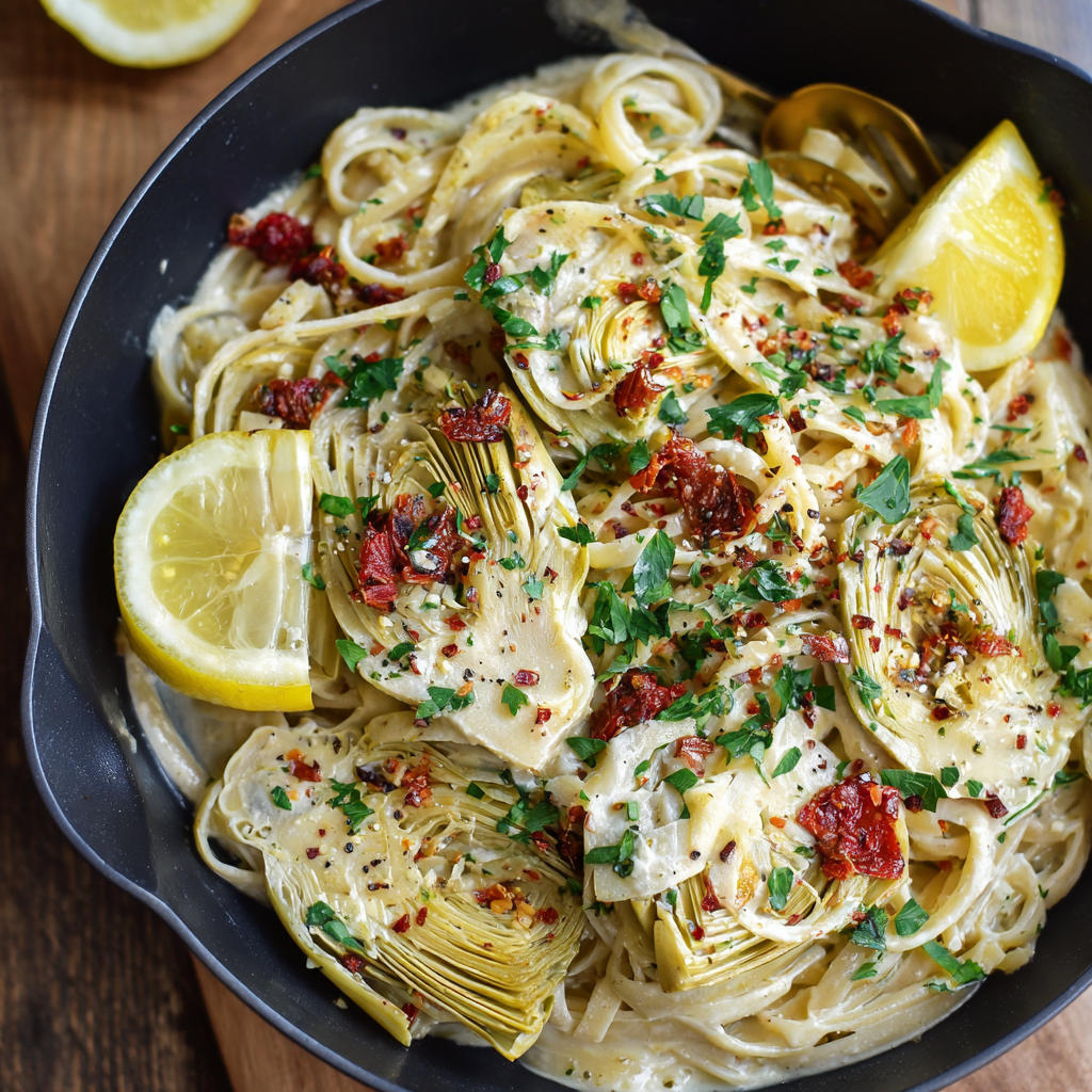 fresh ingredients for Creamy Lemon Mediterranean Pasta With Artichokes - Light, Fresh, And Absolutely Addictive