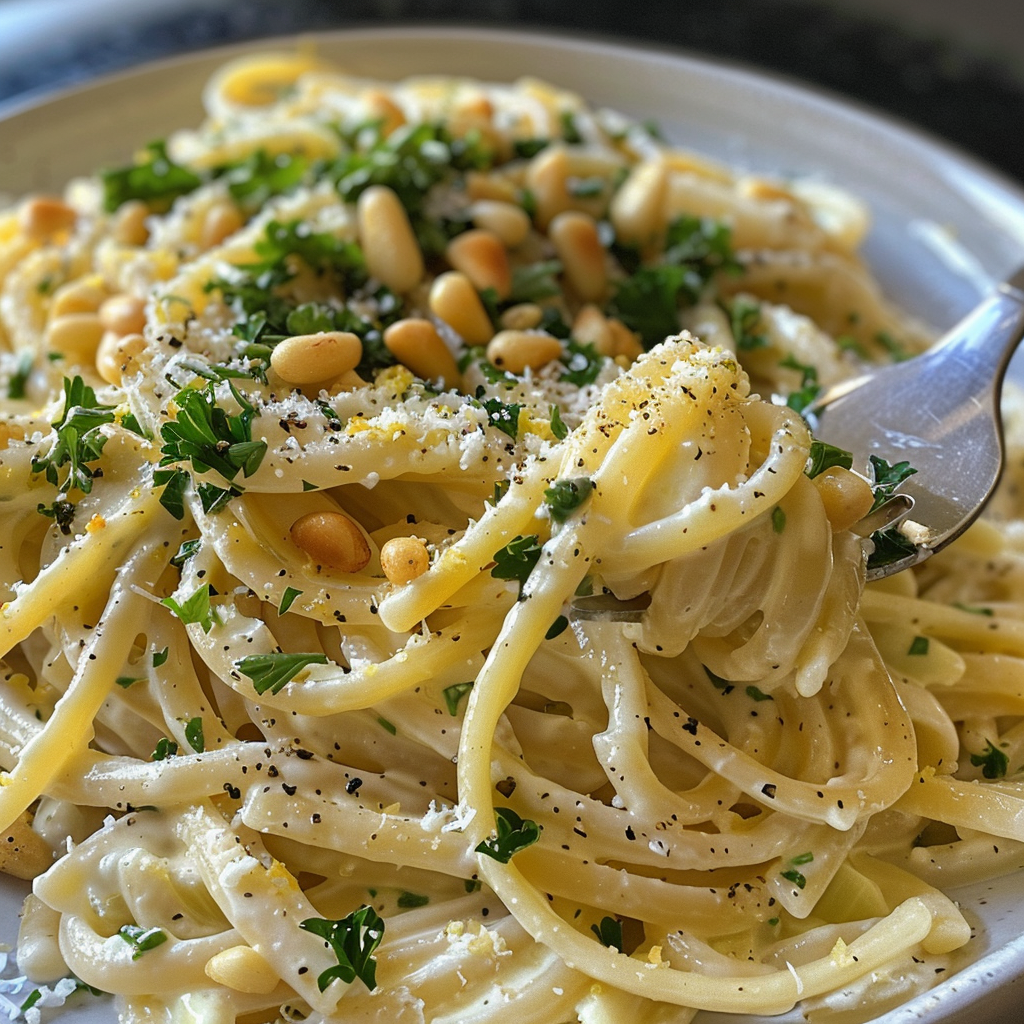 how to make Creamy Mediterranean Lemon-Artichoke Pasta With Toasted Pine Nuts & Fresh Parsley For A Quick Dinner (Mediterranean Pasta Recipes) step by step