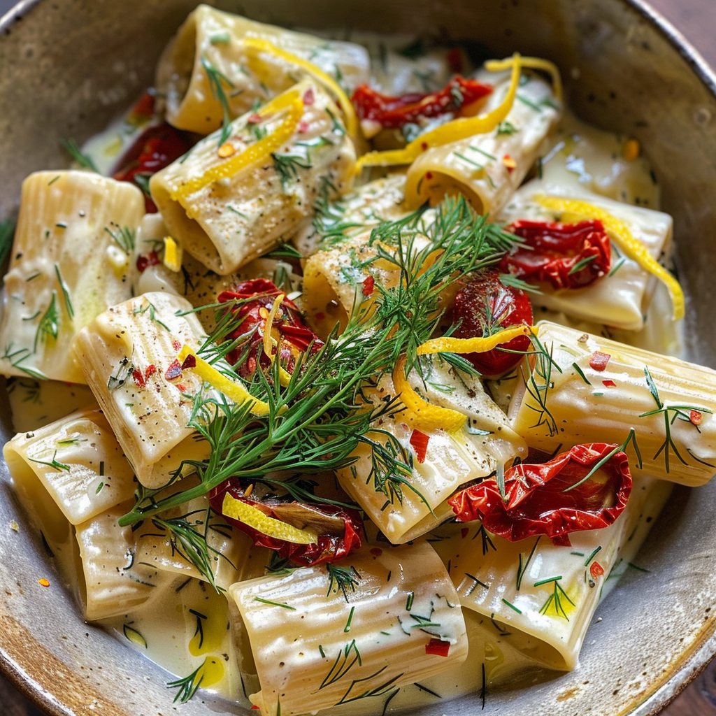 how to make Creamy Mediterranean Lemon-Dill Pasta With Artichoke Hearts And Sun-Dried Tomatoes: 30-Minute Meal step by step
