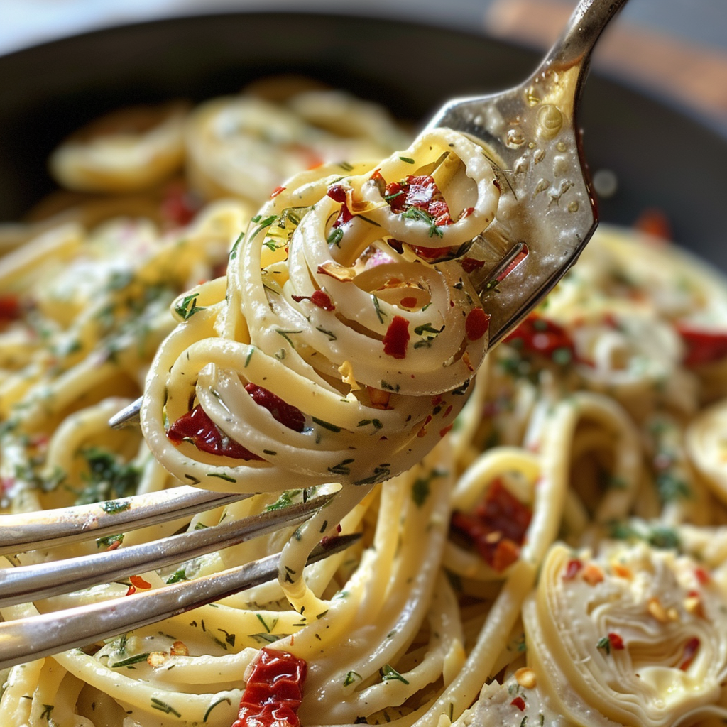 fresh ingredients for Creamy Mediterranean Lemon-Dill Pasta With Artichoke Hearts And Sun-Dried Tomatoes: 30-Minute Meal