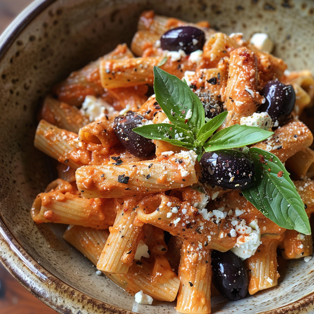 how to make Creamy Mediterranean Roasted Red Pepper & Feta Pasta With Kalamata Olives And Fresh Basil: 30-Minute Meal step by step