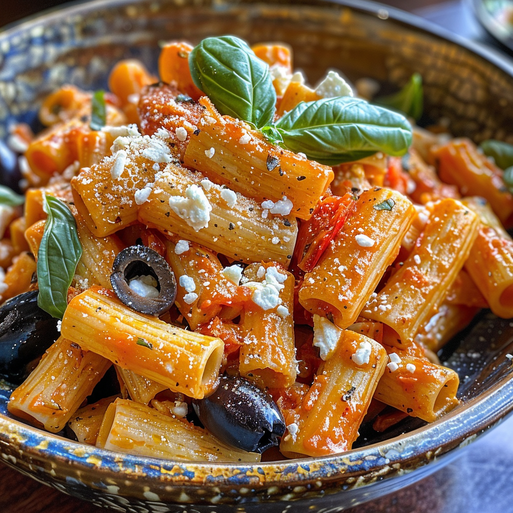 fresh ingredients for Creamy Mediterranean Roasted Red Pepper & Feta Pasta With Kalamata Olives And Fresh Basil: 30-Minute Meal