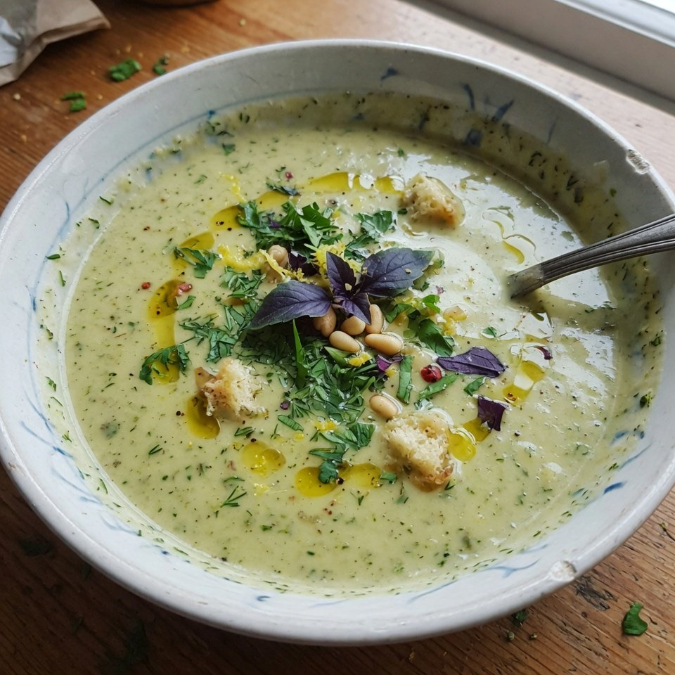 fresh ingredients for Creamy Mediterranean Zucchini Soup (Dairy-Free!)