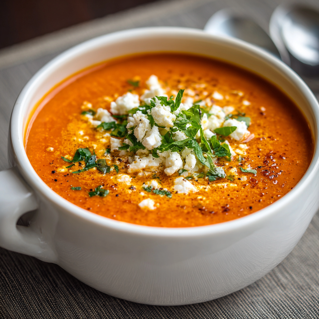 how to make Creamy Roasted Red Pepper Soup With Feta Crumbles - Ready In Just 20 Minutes step by step