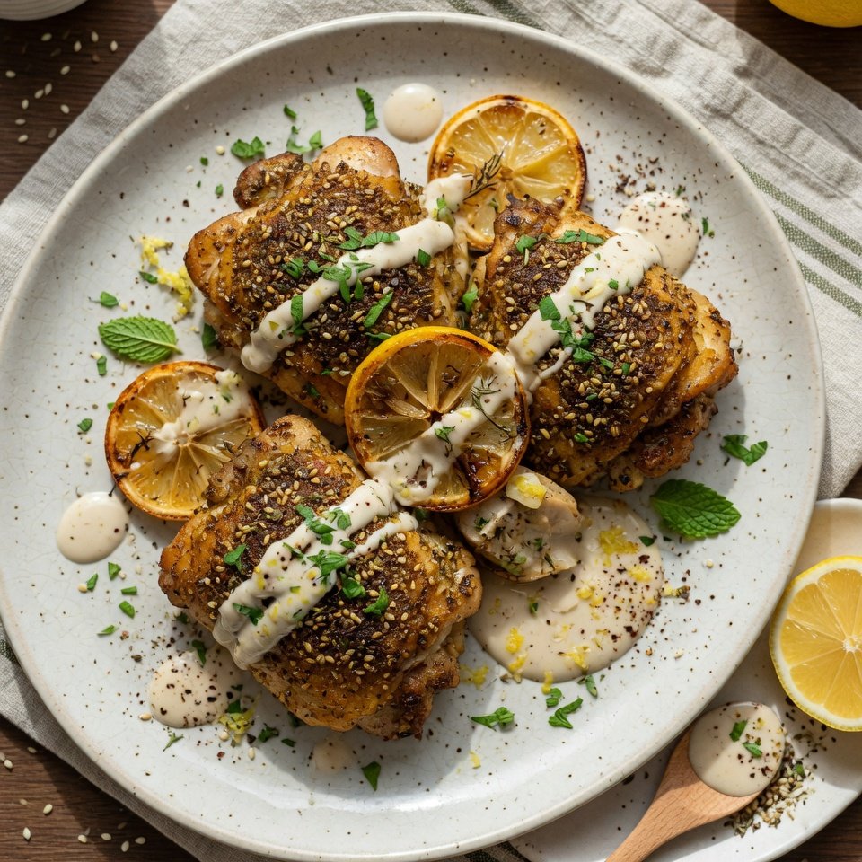 fresh ingredients for Crispy Baked Za'Atar Chicken With A Bright Lemon Tahini Drizzle — Ready In 30 Minutes