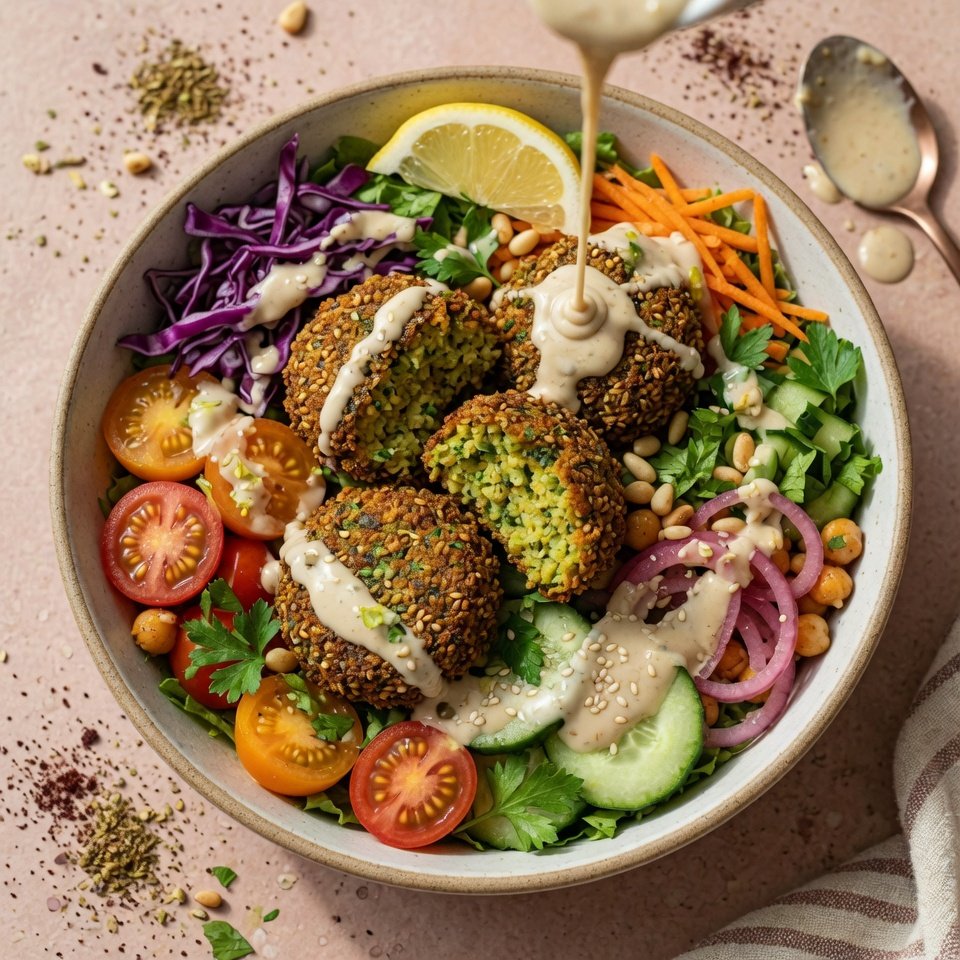 fresh ingredients for Crispy Falafel Salad Bowls With Tahini Dressing
