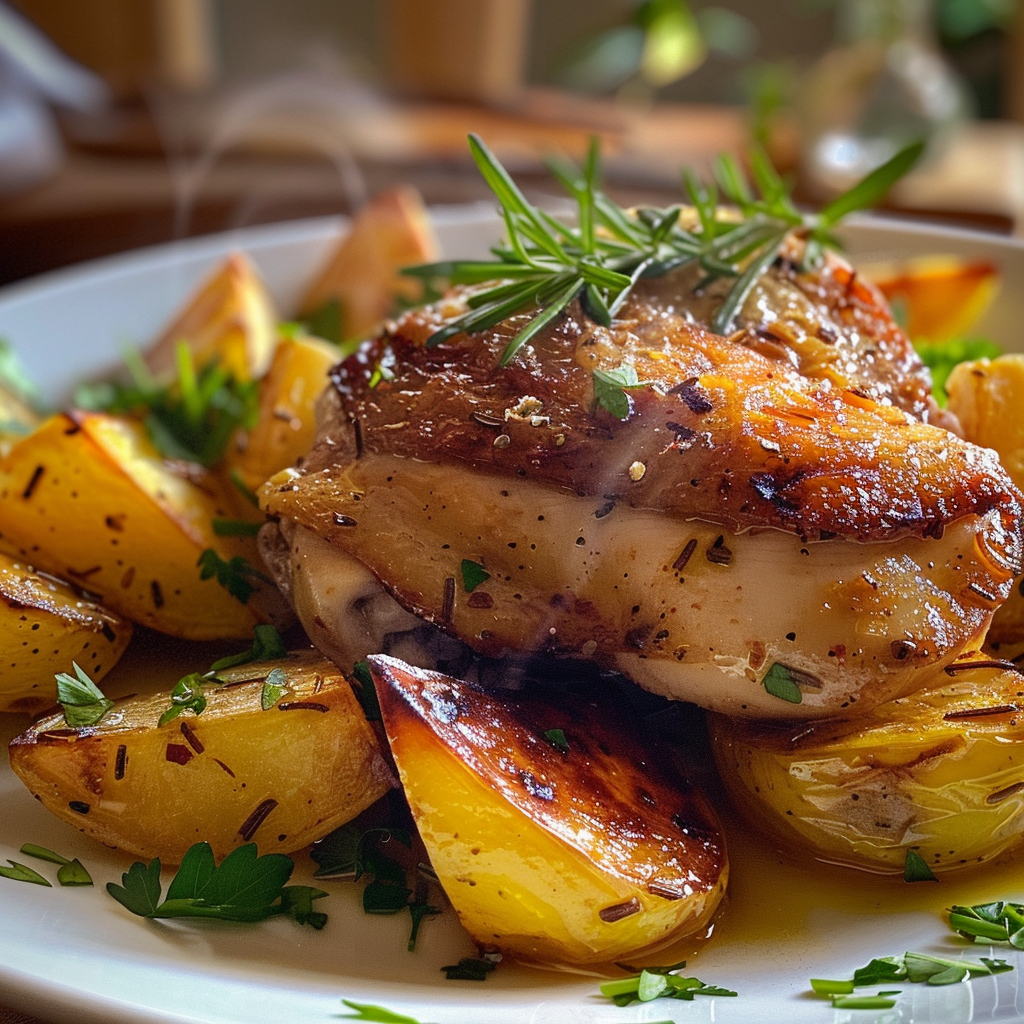 how to make Crispy Mediterranean Chicken Thighs With Rosemary And Lemon-Garlic Potatoes For A Speedy Dinner step by step