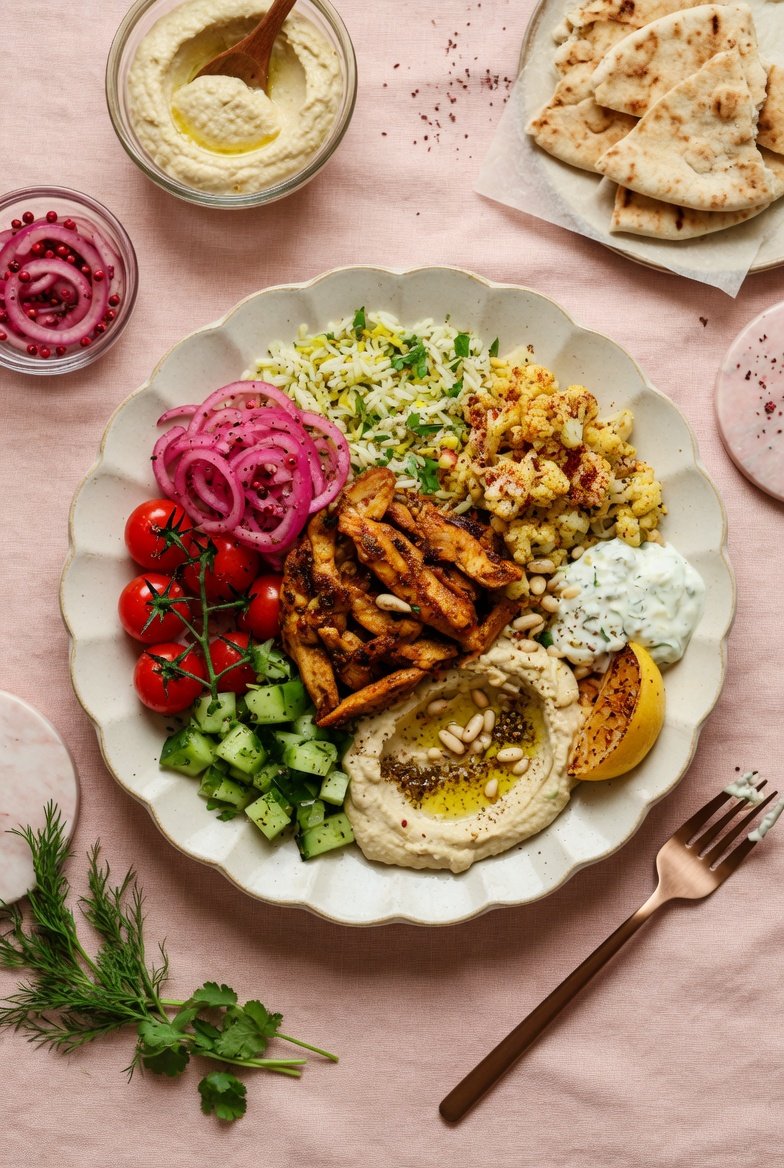fresh ingredients for The Easiest Chicken Shawarma Bowl With Hummus And Pickled Onions You'Ll Crave Daily