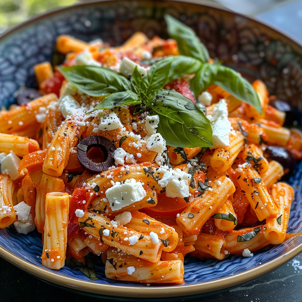 how to make Creamy Mediterranean Roasted Red Pepper & Feta Pasta With Kalamata Olives And Fresh Basil: 30-Minute Meal step by step