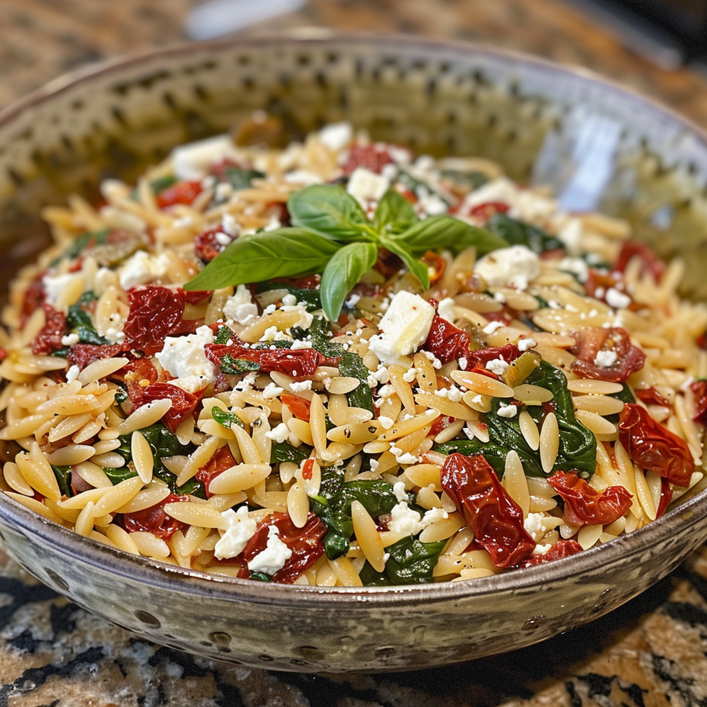 how to make Creamy Mediterranean Sun-Dried Tomato & Spinach Orzo Pasta With Feta For A Quick Weeknight Meal step by step