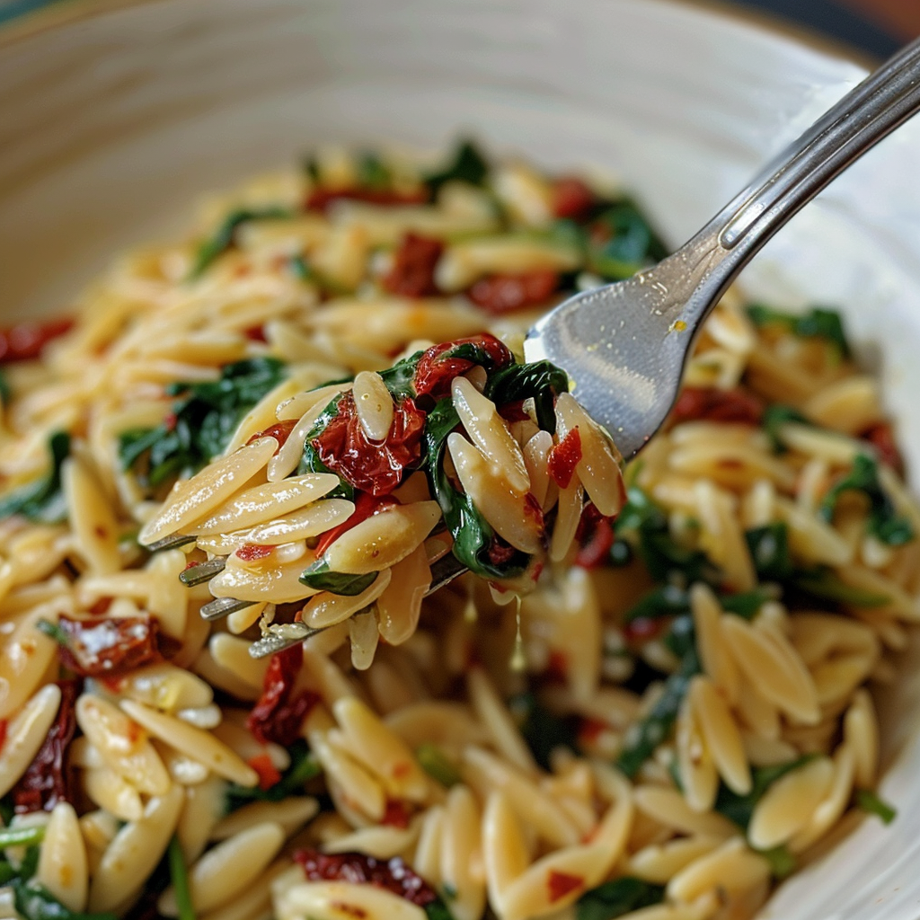 fresh ingredients for Creamy Mediterranean Sun-Dried Tomato & Spinach Orzo Pasta With Feta For A Quick Weeknight Meal